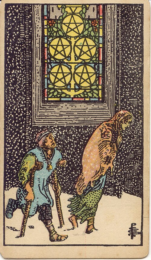 타로 펜타클 5(Five of Pentacles) 의미 — 추운 밤, 바로 곁의 불빛