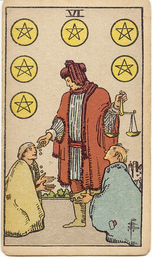 타로 펜타클 6(Six of Pentacles) 의미 — 저울 위의 주고받음