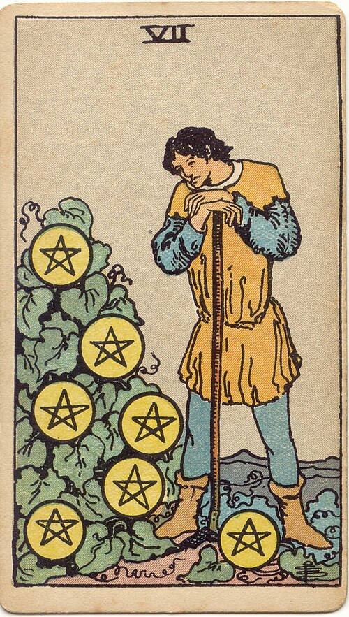 타로 펜타클 7(Seven of Pentacles) 의미 — 잠시 멈춰, 열매가 익기를 기다리다