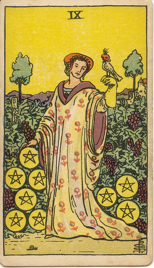 타로 펜타클 9(Nine of Pentacles) 의미 — 홀로 누리는 우아한 풍요