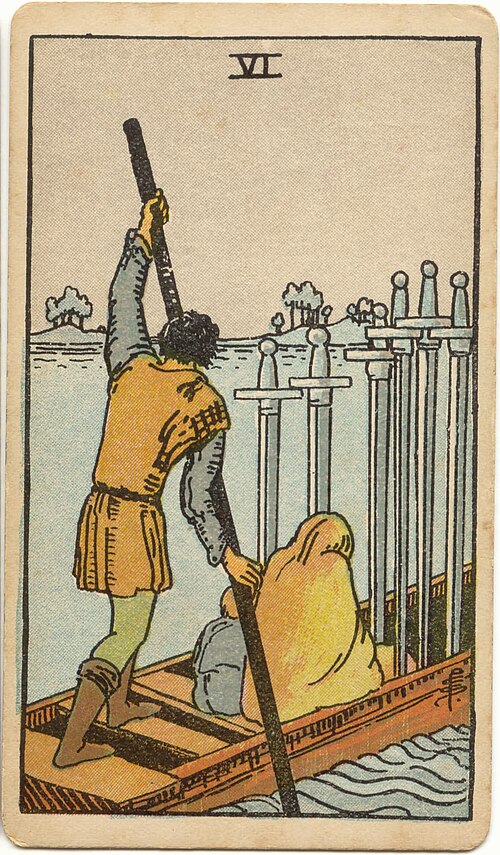 타로 소드 6 카드(Six of Swords) 의미 — 잔잔한 물을 건너 더 나은 곳으로
