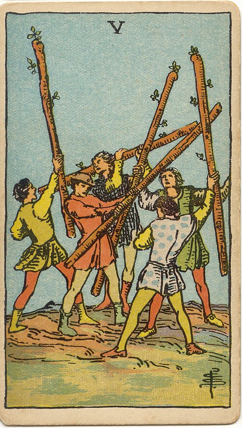 타로 완드 5 카드(Five of Wands) 의미 — 뒤엉킨 경쟁 속의 혼란