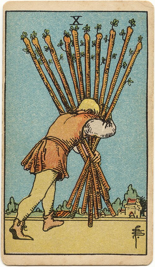 타로 완드 10 카드(Ten of Wands) 의미 — 혼자 다 짊어진 무거운 짐
